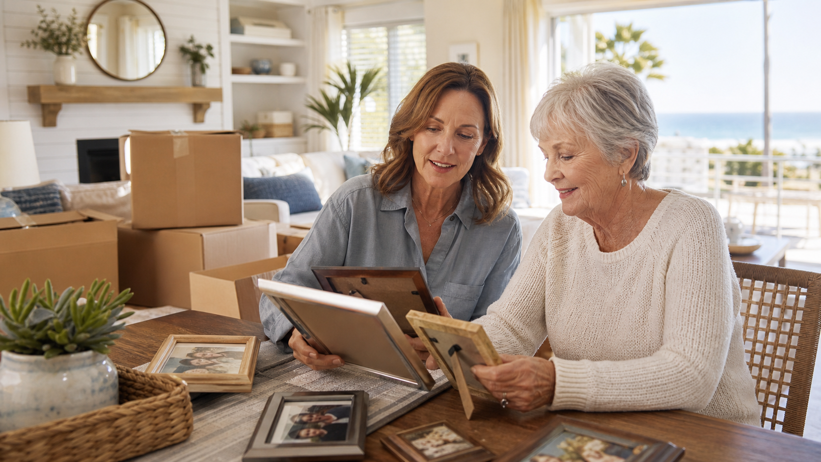 An older North County San Diego homeowner and her adult daughter sorting family photographs together while planning a downsizing move