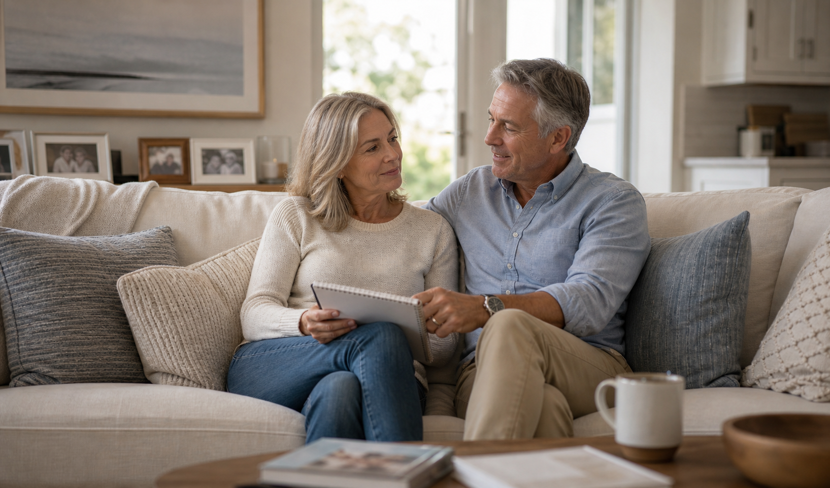 Homeowners talking together on their couch about their next move
