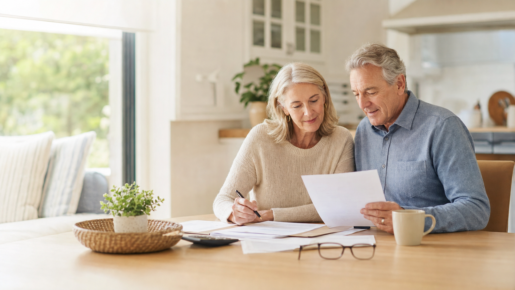 Older North County San Diego homeowners reviewing financial paperwork together before selling their home